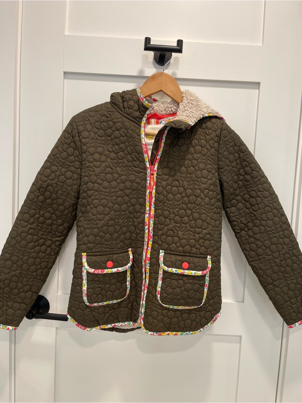 Cute Boden quilted coat with Sherpa lining and floral trim 11-12